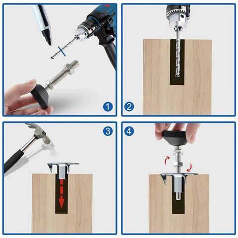 Swivel Leveling Mounts Pack Of 2 M6 Thread Furniture Glide being installed in wood, showing step-by-step process for adjustable support