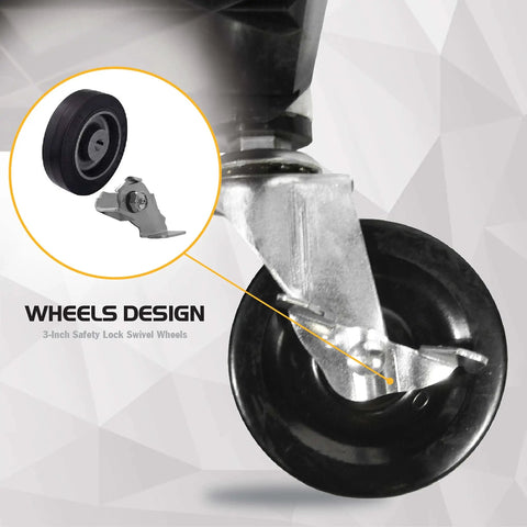 Close-up of 3-inch safety lock swivel wheel on Pack N Roll Folding Collapsible Service Cart With 150 Lb Capacity.