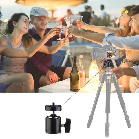 Universal 1/4 Inch Swivel Mini Ball Head Mount With Hot Shoe Adapter on tripod near group celebrating with drinks