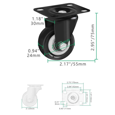 Swivel Plate Caster Wheels Replacement 2 Inch Set Of 4 Heavy Duty Industrial Casters for Furniture, dimensions and details shown