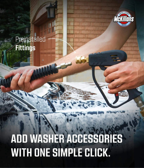Swivel High Pressure Washer Gun With Preinstalled Fittings And Quick Connect Three Eighths Inch Male Plug One Fourth Inch Quick Connector Foam Cannon Compatible Car Wash Foam Gun For Easy No Kink Hose Work in use, close-up view with focus on preinstalled fittings.