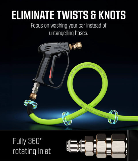 Swivel High Pressure Washer Gun with preinstalled fittings and quick connect, shown with green hose and no kink design.