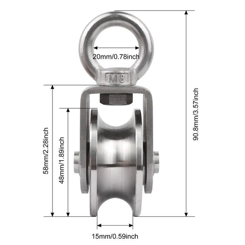 Front view of Swivel Pulley Block With Bearing Inside 304 Stainless Steel Heavy Duty Cable Wheel for Gym Pulley System 48mm 2 Pack