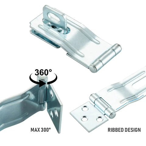 3-1/2 Inch Swivel Staple Safety Hasp with Twist Knob Lock showing zinc plated steel, 360-degree swivel design, adjustable staple close-up