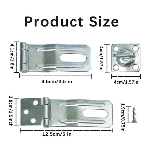 Three And One Half Inch Swivel Safety Hasp Latch With Twist Knob, 360 Degree Rotation, Carbon steel, labeled dimensions, and screws.