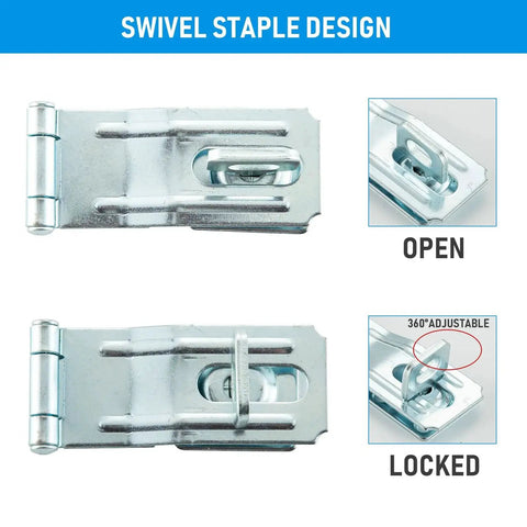 3-1/2 Inch Swivel Staple Safety Hasp With Twist Knob Lock, zinc-plated steel, showing open and locked positions, 4 pack