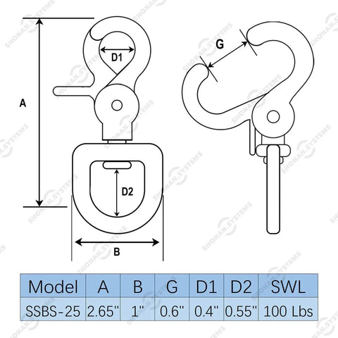 Diagram of 2.65 Inch Trigger Snap Hooks Marine Grade Stainless Steel 316 Swivel Snap Hooks with 100 lb capacity specifications.