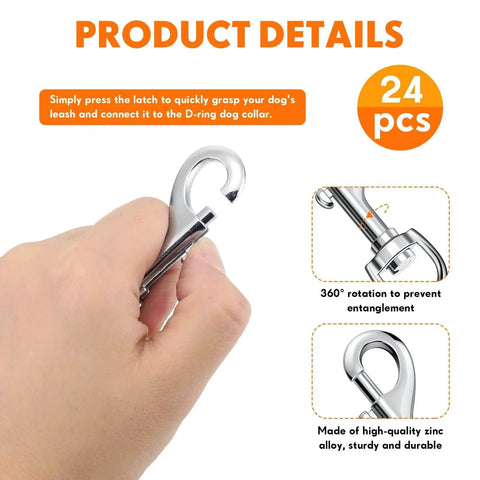 24 Pcs Swivel Snap Hooks For Dog Leash Heavy Duty Two Point Seven Six Inch Flag Clasp, hand holding clip with details.