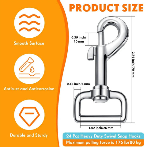 24 Pack Swivel Snap Hooks For Dog Leashes Heavy Duty 2.76 Inch Flag Clasp Clip Hooks with product dimensions and features displayed.