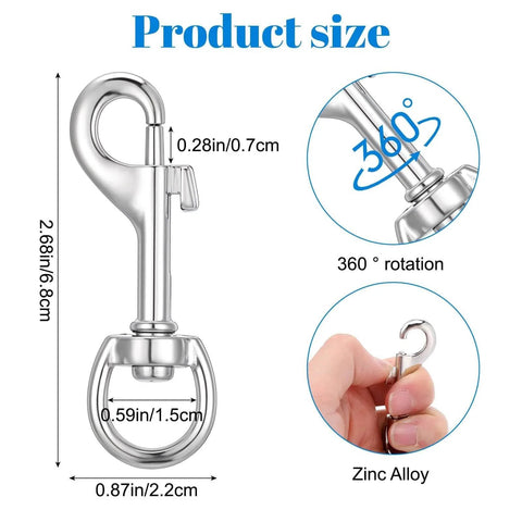 Fifty Pack Swivel Snap Hooks For Dog Leash Heavy Duty 2.68 Inch Flag Clasp, zinc alloy, 360-degree rotation, product dimensions shown