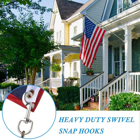 Image of 3.5 Inch Swivel Eye Bolt Snap Hook in use with American flag, showcasing zinc alloy and 360 degree swivel for outdoor applications.