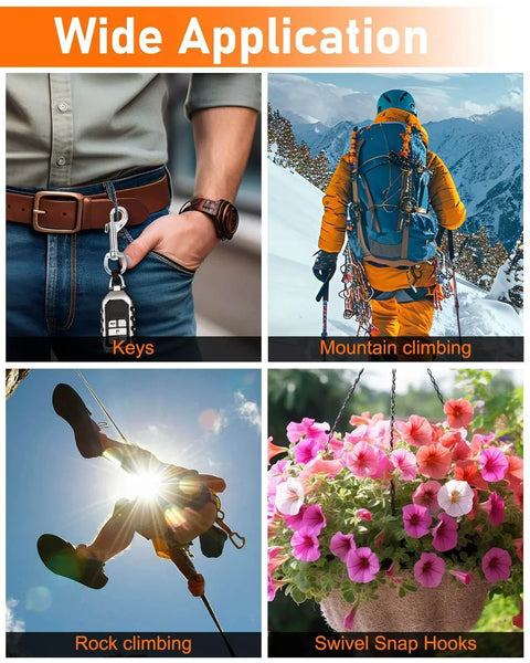 Four images showing 30 Pieces Heavy Duty Swivel Snap Hooks For Dog Leash 2.75 Inch Clasp with uses in climbing, keychains, and hanging plants.