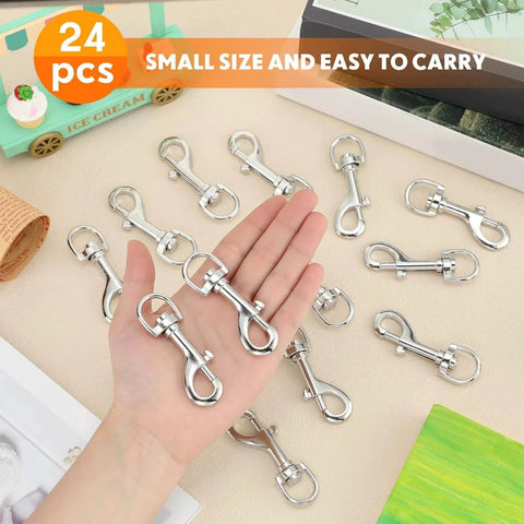 Hand holding 24 Pcs Swivel Snap Hooks For Dog Leash Heavy Duty Two Point Seven Six Inch Flag Clasp Single Ended Clip Hooks