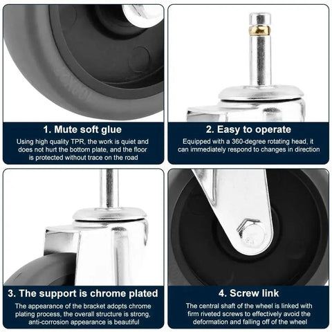 4 Pack 4-Inch Swivel Stem Casters With 7/16-Inch Stem Diameter Rubber Wheels showcasing TPR material and chrome-plated support.
