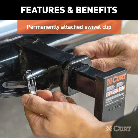 Swivel Trailer Hitch Pin With Integrated Clip One Half Inch Diameter With Five Eighths Inch Adapter Fits One And One Quarter Inch Or Two Inch Receiver Hitches Clear Zinc Finish No Clip Needed Built Tough And Durable Easy To Install And Use being installed on a vehicle.
