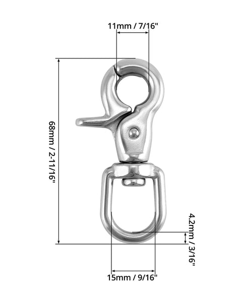 Swivel Trigger Snap Hook Set 4 Pack 2.56 Inch Marine Grade Stainless Steel 316 Clip Hooks 130 Lb Capacity For Leash Bags dimensions