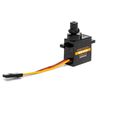 Side view of SX108 Micro Gear Servo, SPMSSX108 with full metal gears, 20T spline, and 4-inch extension wire for RC models.