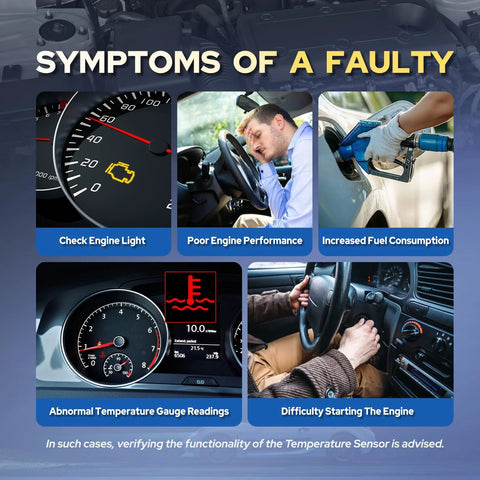 Engine coolant temperature sensor infographic showing symptoms: check engine light, poor performance, hard starting.