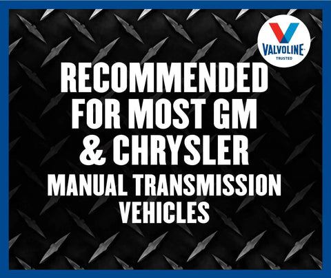 Synchromesh Manual Transmission Fluid recommended for GM and Chrysler vehicles, manual transmission text overlay on dark pattern