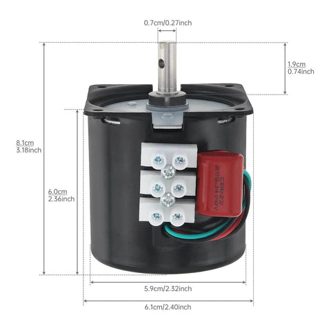 Front view of 2.5RPM Synchronous Gear Motor, AC Motors 110V 60KTYZ CW/CCW High Torque Permanent Magnet Micro Electric Motor with dimensions.