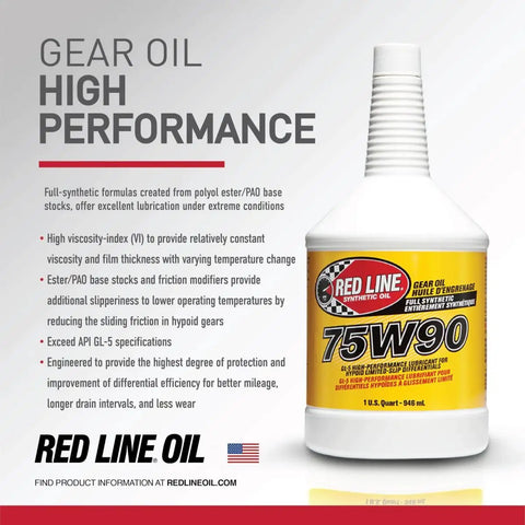 Red Line 75W90 GL5 Pro Grade Go To Synthetic Gear Oil For Hypoid Limited Slip Differentials LSD Ready For Racing 1 Qt Bottle