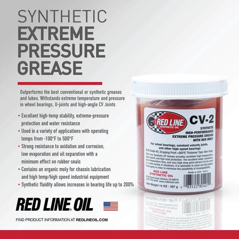 Red Line High Performance CV-2 Synthetic Grease Cartridge With Red Moly, 14 Ounce Jar next to product details text