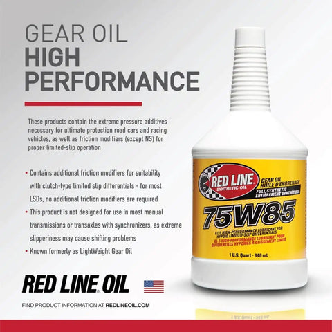 Red Line 50104 75W85 GL-5 Full Synthetic Gear Oil bottle with label for hypoid limited slip differentials.