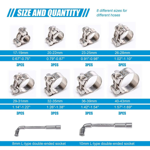 24-Piece T Bolt Hose Clamps Set For Fuel Lines And Intercooler Piping 17-43mm Working Range 304 Stainless Steel