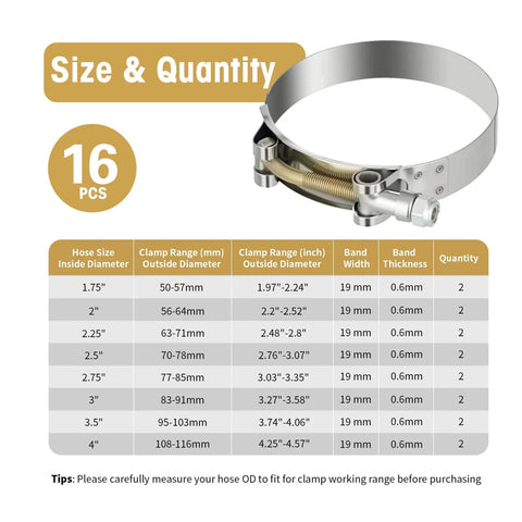 16 Piece Set T Bolt Hose Clamps 304 Stainless Steel Heavy Duty Turbo Intake Intercooler Clamps shown in size chart and dimensions