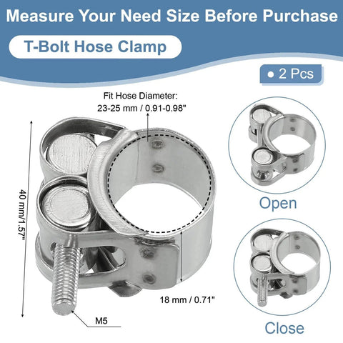23 To 25 Mm T Bolt Hose Clamp Pack Of 2 For Intercooler Tubing And Radiator Hoses In 0.91 To 0.98 Inch Pipe Made Of 304 Stainless Steel With Polished Finish Ideal Secure Fit For Automotive Cooling System. Featured with measurements and open and closed views.