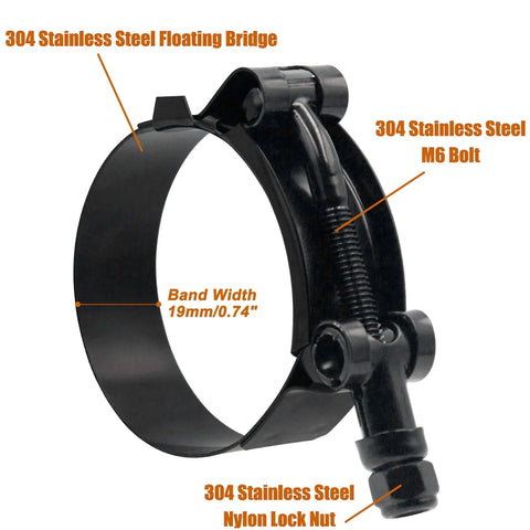 Side view of black-coated 304 stainless steel T-bolt hose clamp with M6 bolt and floating bridge for 95-103mm hoses.