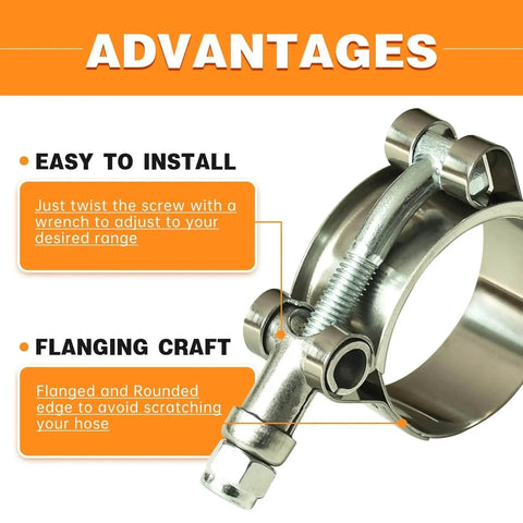 1.5 Inch T Bolt Hose Clamps 304 Stainless Steel 46 to 52 mm Range Fits 1.8 to 2.0 Inch Outer Diameter Silicone Hose ID pack of 4 shown close-up
