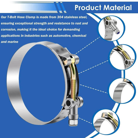 16 Pack T Bolt Hose Clamps 28 to 91mm Working Range For 3 Quarter To Three Inch Hose ID 8 Sizes 304 Stainless Steel Heavy Duty Radiator Turbo Intake Intercooler Clamp Set with close-up view of clamp material and components.