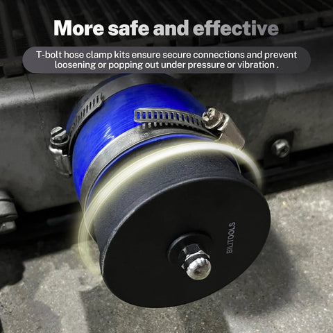 BILTOOLS turbo leak tester kit; blue silicone turbo hose with metal T-bolt clamp mounted on engine.
