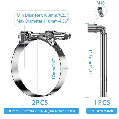 2 Pack 4 Inch T Bolt Hose Clamps With Working Range 108 To 116 MM For Four Inch Hose ID Turbo Intercooler Intake Clamp Set In Premium 304 Stainless Steel Anti Rust Corrosion Resistant Durable High Performance