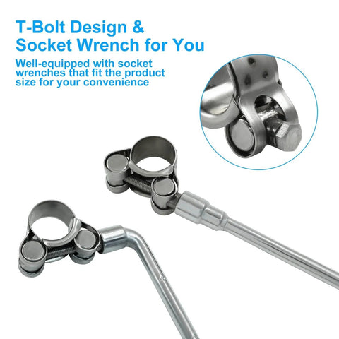 Close-up of 6 Pcs T Bolt Hose Clamp Set 17 To 19 Mm 304 Stainless Steel Adjustable Tube Clamps and socket wrench