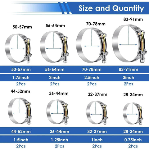 16 Pack T Bolt Hose Clamps 28 to 91mm Working Range For 3 Quarter To Three Inch Hose ID 8 Sizes 304 Stainless Steel