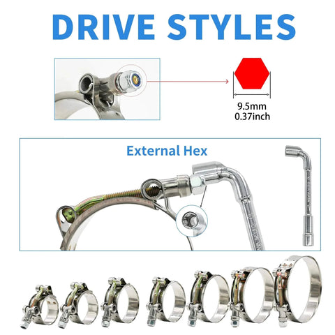 Drive styles showing 12 Piece Peromi T Bolt Radiator Hose Clamp Set Heavy Duty Stainless Steel Clamps in various sizes