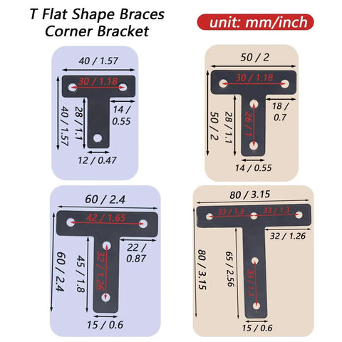 Diagram of 20 Pack Stainless Steel T Flat Shape Corner Brackets showing dimensions in mm and inches.