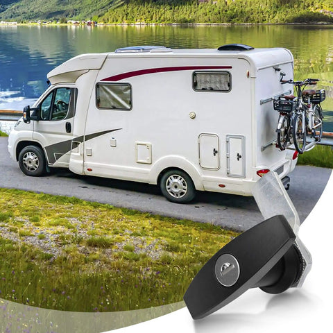 Durable zinc alloy T-handle door lock set with black corrosion-resistant finish; RV in background, keyed alike, four keys