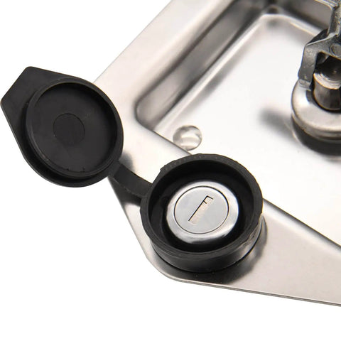 Close-up view of T Handle Latch Replacement Kit Stainless Steel 2 Pack For Truck Tool Box Camper RV Trailer Doors With 4 Keys And 2 Gaskets Waterproof Seal Keyed Alike E45 showing keyhole and latch mechanism.