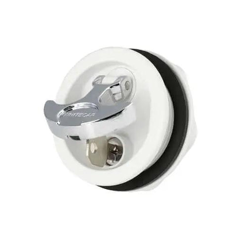 T Handle Latch With Keyed Lock For Marine And Freshwater Boats Use Three Inch Outside Diameter Two And A Half Inch Cut Out White Chrome Plated Finish Three Eighths Inch Metric Shaft close-up showing lock mechanism