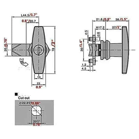 Diagram of 2 Pack T Handle Lock Cam Lock Swing Knob for Drawer Cabinet Door Locking Device Keyless Lock With Thumb Turn