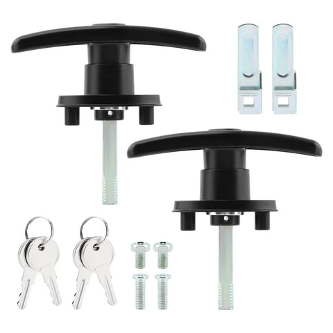Dual locking T-handle kit for truck caps, left and right, with keys and mounting hardware, in black and silver finish.