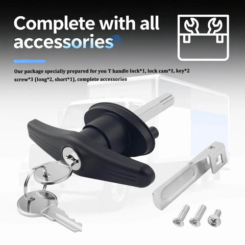 Upgrade your camper shell with a sturdy T-handle lock kit featuring a cam and two keys displayed with screws and components