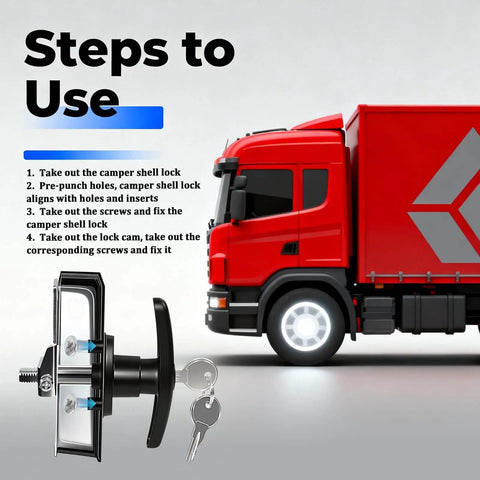 Upgrade your camper shell with a sturdy T-handle lock kit featuring a cam and two keys, shown next to a red truck.
