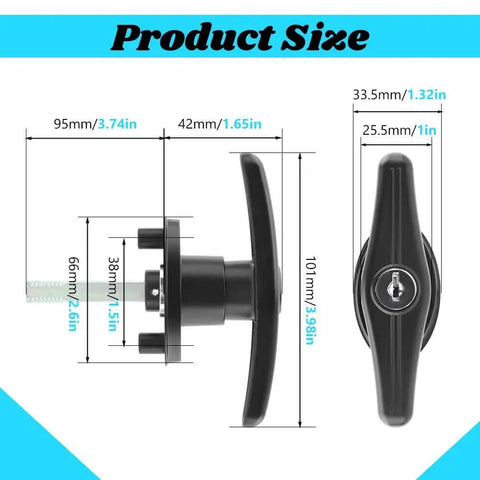 Dual locking T-handle kit for truck caps, left and right, shown with product dimensions in black and silver finish.