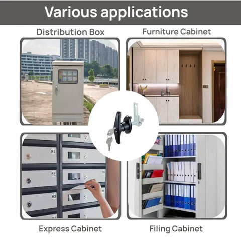 Image showing various applications of truck cap lock T-handle, including on distribution, furniture, express, and filing cabinets.