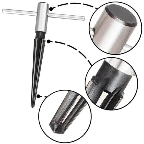 Close-up view of Two Piece T Handle Taper Reamer Set For Bridge Pin Holes Pro Grade With Six Fluted Chamfer Reamers For Woodworking.