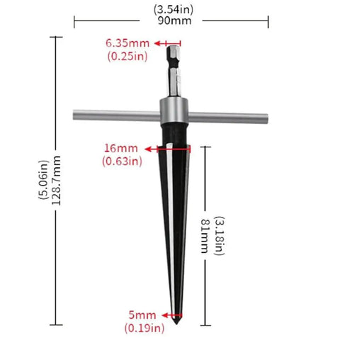 Two Piece T Handle Taper Reamer Set For Bridge Pin Holes Pro Grade With Six Fluted Chamfer Reamers showing size dimensions.